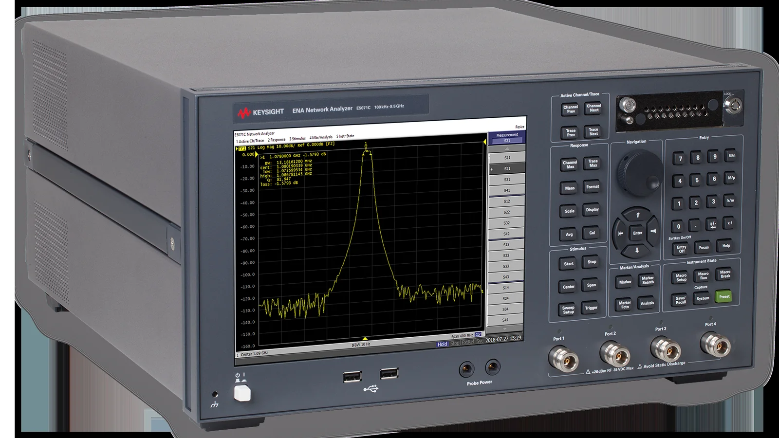 Vector network analyzer displaying a reflection measurement trace on its screen